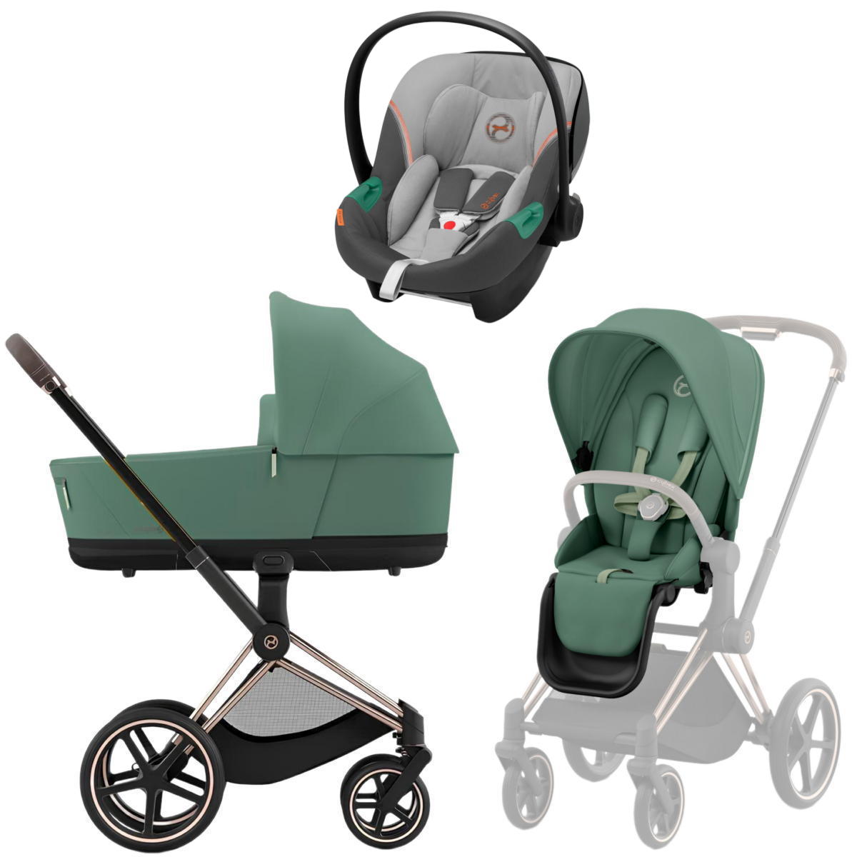 Коляска 3 в 1 Cybex Priam IV Rosegold Leaf Green и автокресло Aton S2 i-Size (Lava Grey)