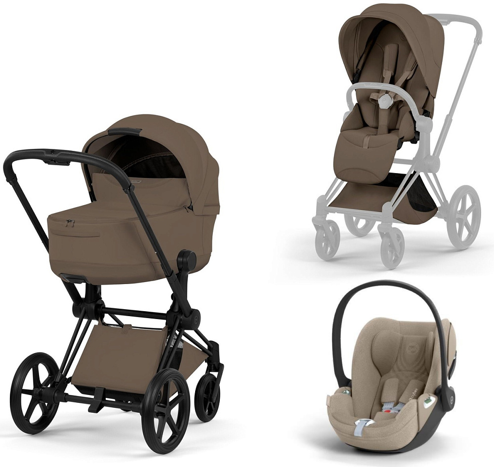 Коляска 3 в 1 Cybex Priam V Matt Black Style Collection Coconut Brown и автокресло Cloud T i-Size (Cozy Beige Plus)