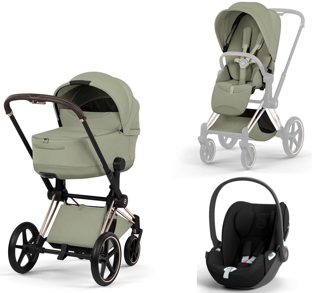 Коляска 3 в 1 Cybex Priam V Rosegold Style Collection Sage Green и автокресло Cloud T i-Size (Sepia Black)