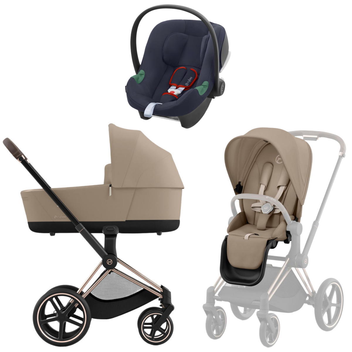 Коляска 3 в 1 Cybex Priam IV Rosegold Cozy Beige и автокресло Aton B2 i-Size (Bay Blue)