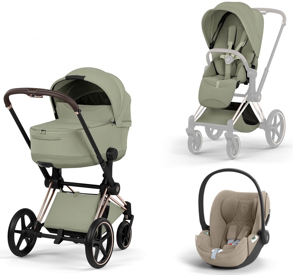 Коляска 3 в 1 Cybex Priam V Rosegold Style Collection Sage Green и автокресло Cloud T i-Size (Cozy Beige Plus)