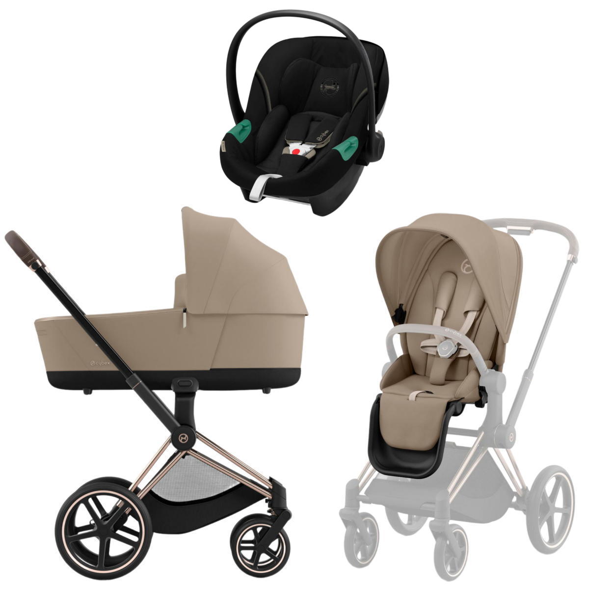 Коляска 3 в 1 Cybex Priam IV Rosegold Cozy Beige и автокресло Aton S2 i-Size (Moon Black)