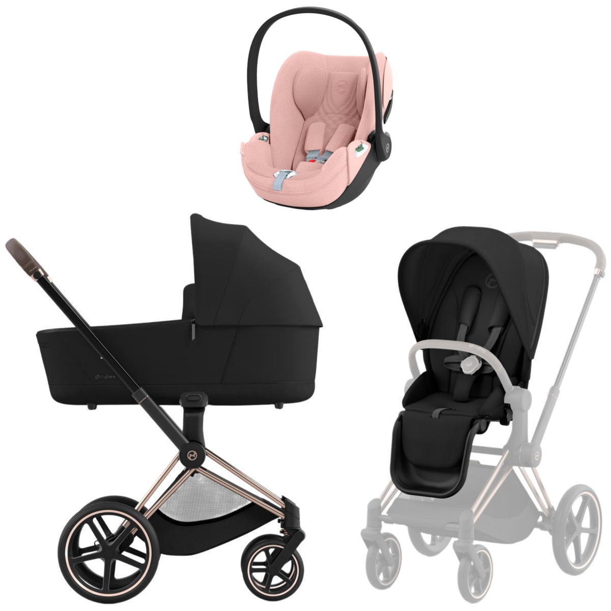 Коляска 3 в 1 Cybex Priam IV Rosegold Sepia Black и автокресло Cloud T i-Size (Peach Pink Plus)