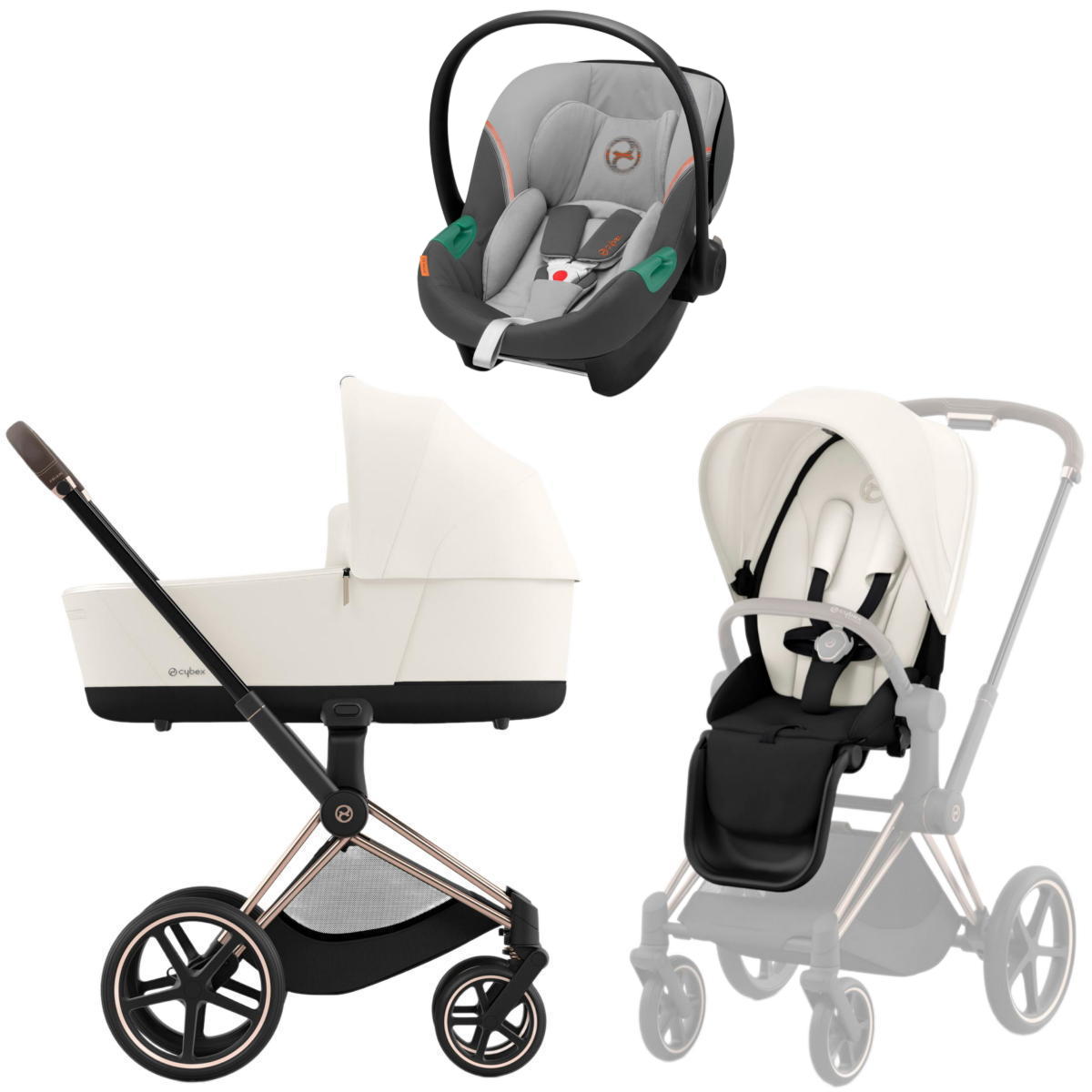Коляска 3 в 1 Cybex Priam IV Rosegold Off White и автокресло Aton S2 i-Size (Lava Grey)