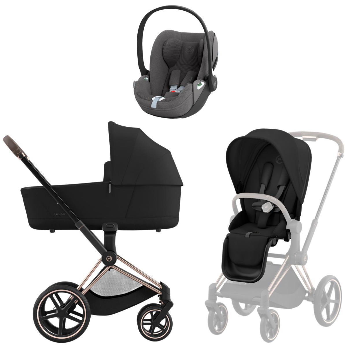 Коляска 3 в 1 Cybex Priam IV Rosegold Sepia Black и автокресло Cloud T i-Size (Mirage Grey Plus)