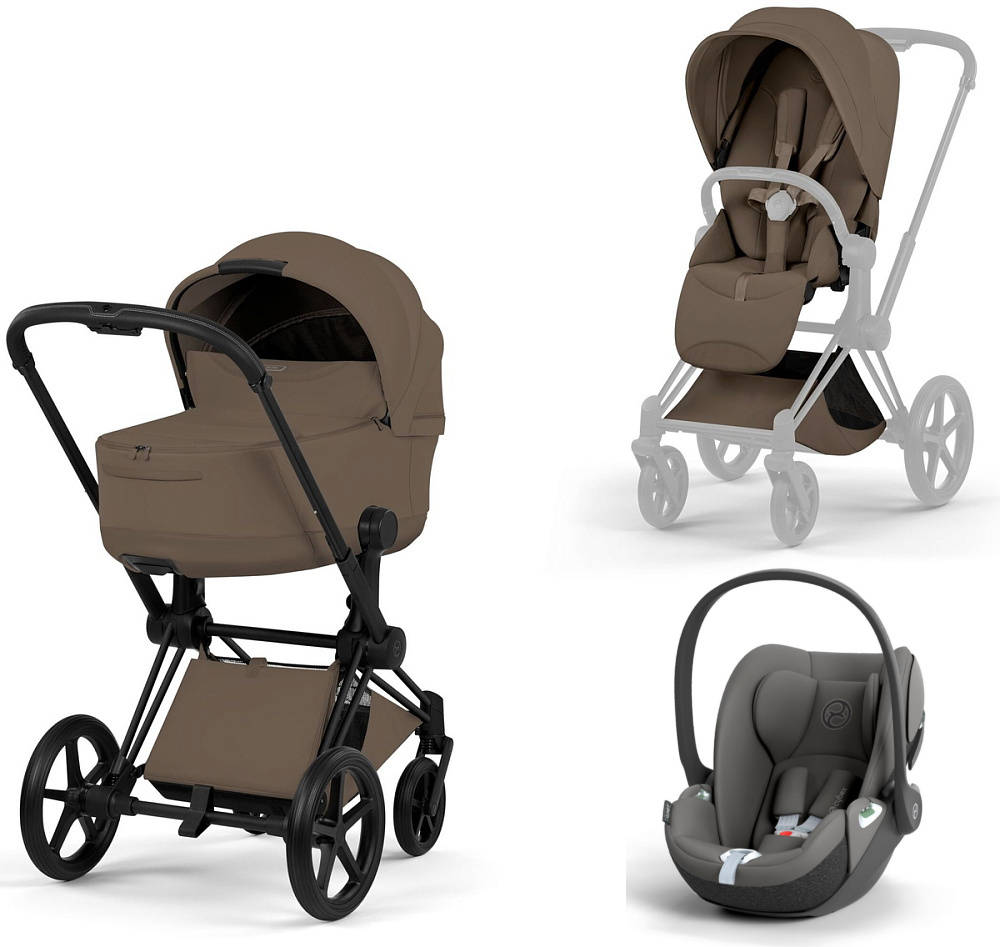 Коляска 3 в 1 Cybex Priam V Matt Black Style Collection Coconut Brown и автокресло Cloud T i-Size (Mirage Grey)