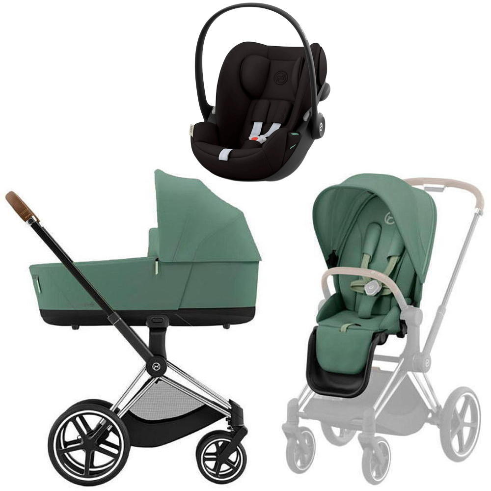 Коляска 3 в 1 Cybex Priam IV Chrome Brown Leaf Green и автокресло Cloud G i-Size (Magic Black)