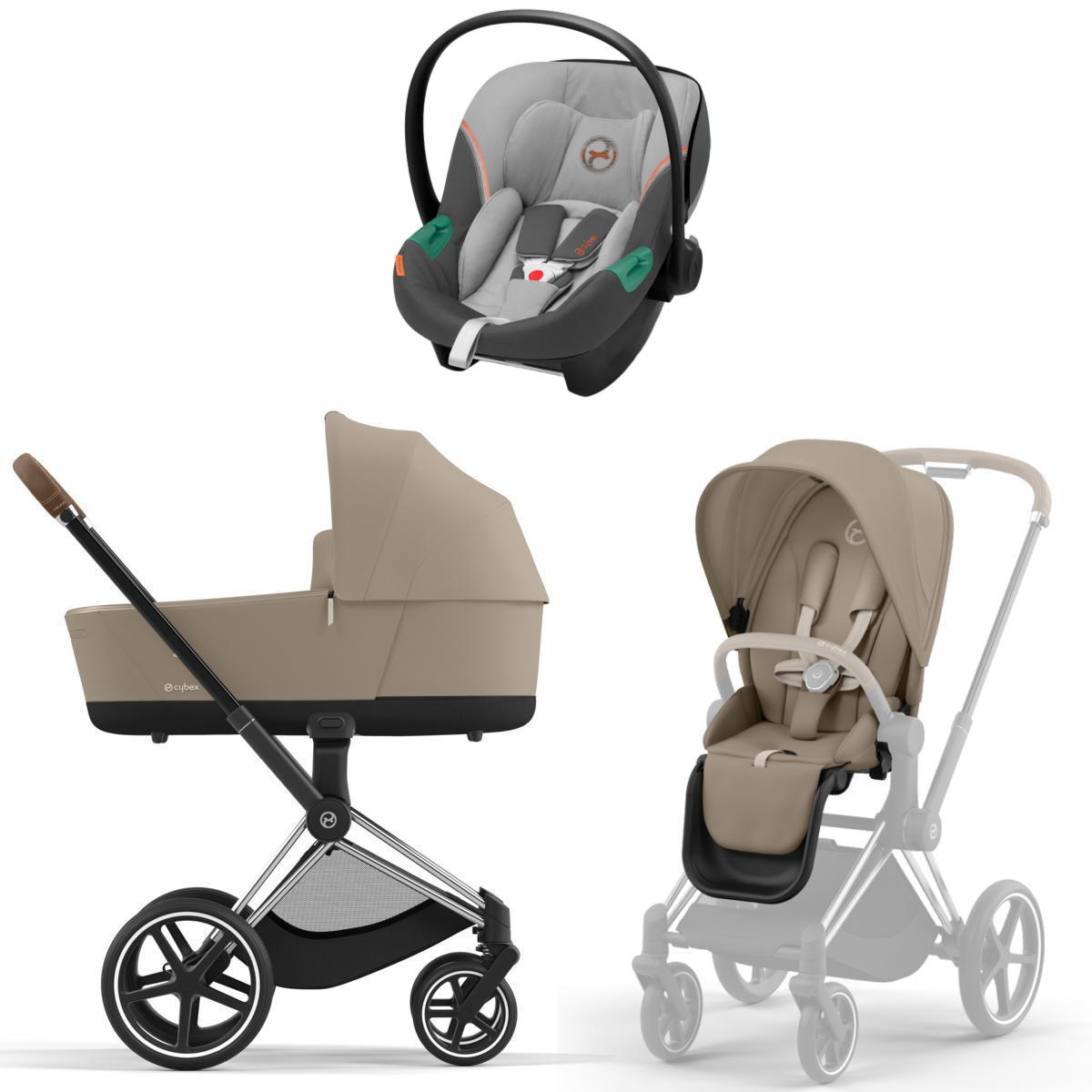 Коляска 3 в 1 Cybex Priam IV Chrome Brown Cozy Beige и автокресло Aton S2 i-Size (Lava Grey)
