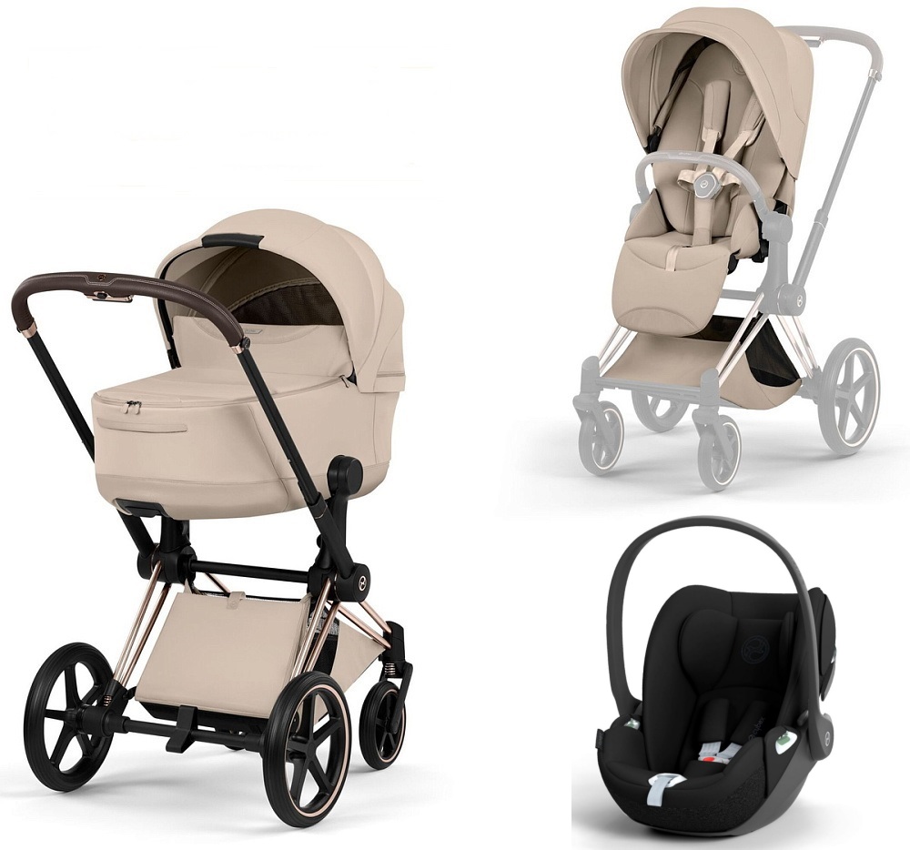 Коляска 3 в 1 Cybex Priam V Rosegold Style Collection Cozy Beige и автокресло Cloud T i-Size (Sepia Black)