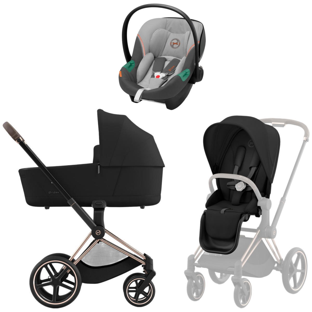 Коляска 3 в 1 Cybex Priam IV Rosegold Sepia Black и автокресло Aton S2 i-Size (Lava Grey)