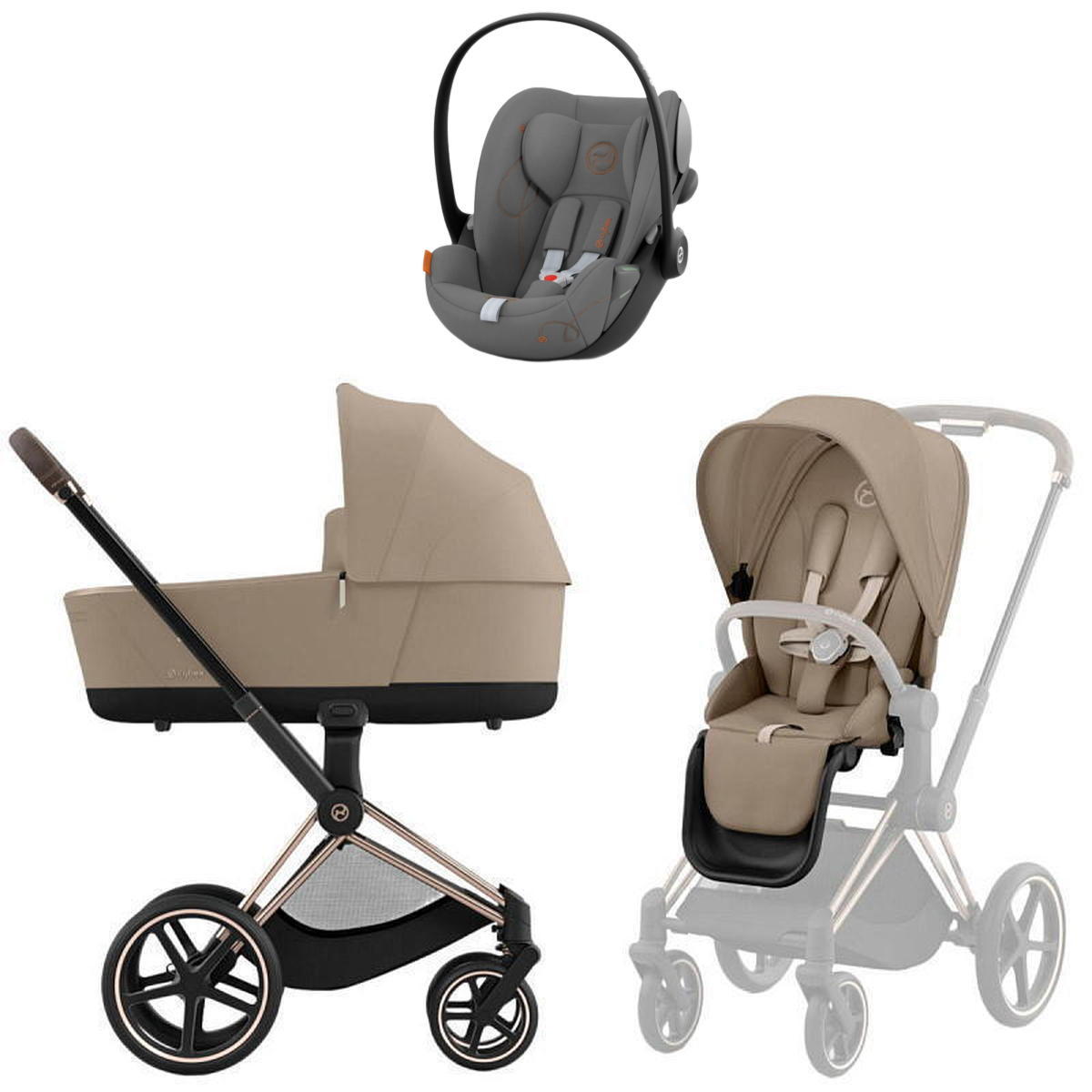 Коляска 3 в 1 Cybex Priam IV Rosegold Cozy Beige и автокресло Cloud G i-Size (Lava Grey)