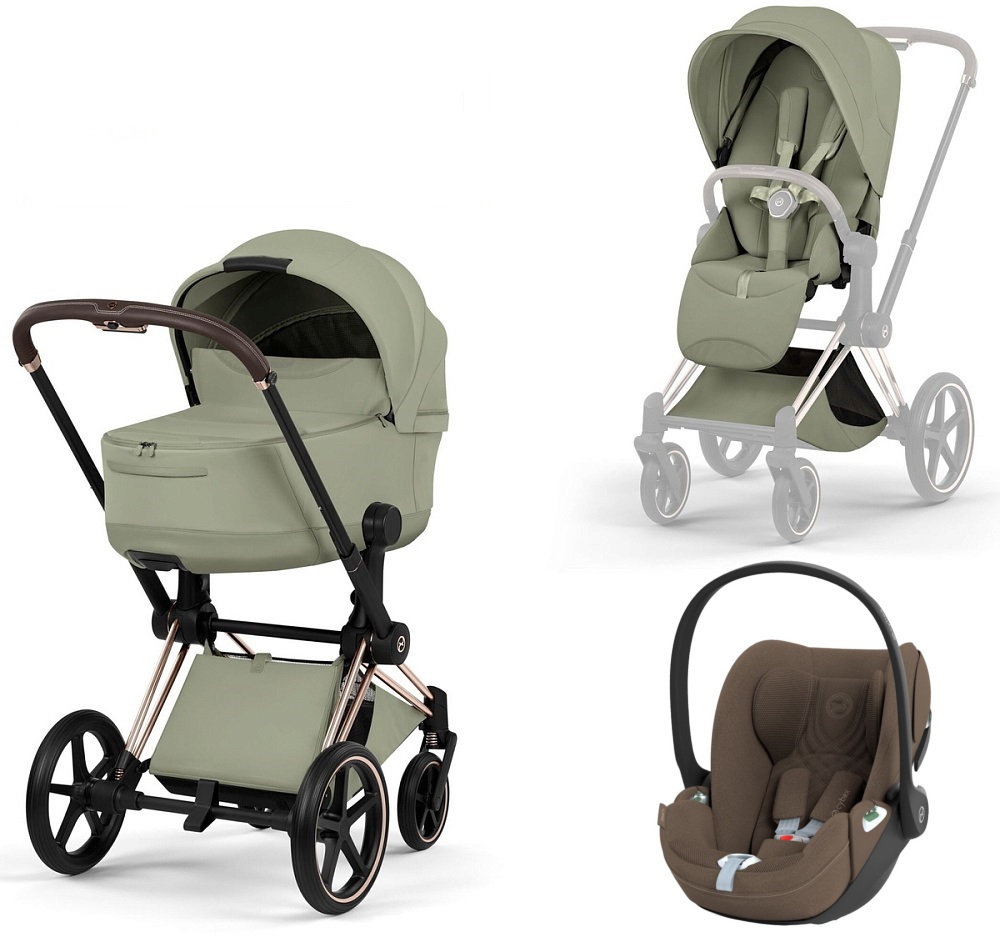 Коляска 3 в 1 Cybex Priam V Rosegold Style Collection Sage Green и автокресло Cloud T i-Size (Coconut Brown Plus)