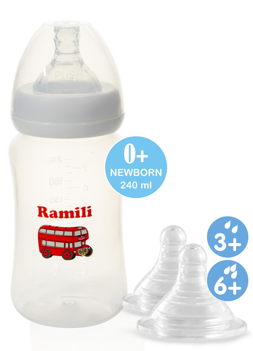 Противоколиковая бутылочка Ramili Baby 240 мл. с тремя сосками 0+, 3+ и 6+ (240MLBT100ML, слабый, ср (стандарт)