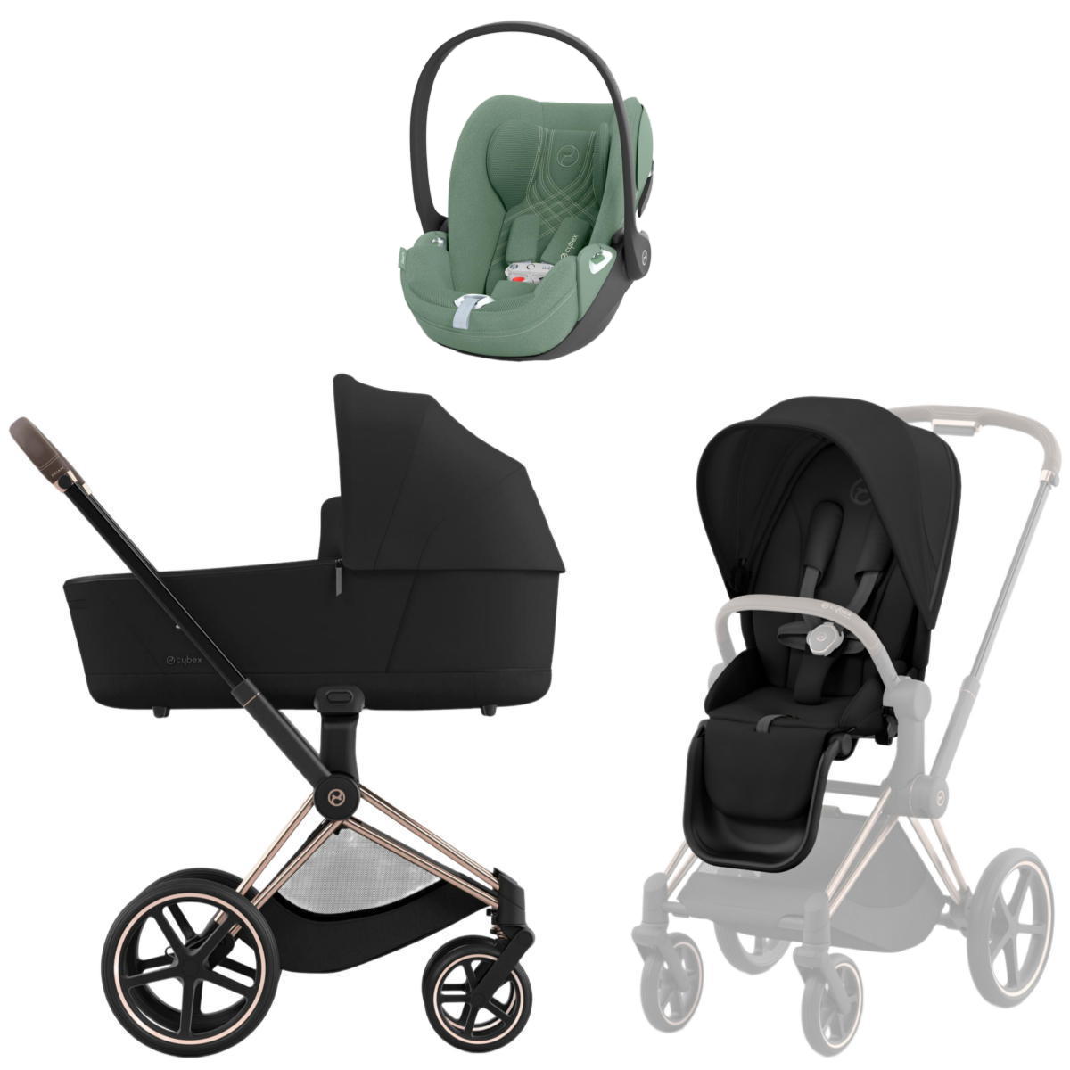 Коляска 3 в 1 Cybex Priam IV Rosegold Sepia Black и автокресло Cloud T i-Size (Leaf Green Plus)