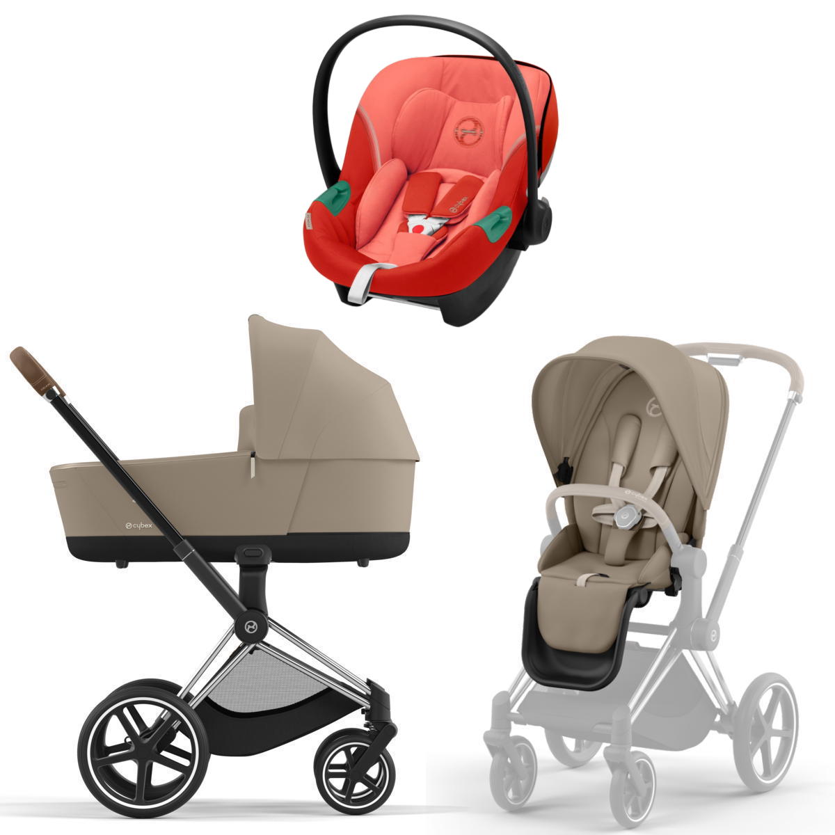 Коляска 3 в 1 Cybex Priam IV Chrome Brown Cozy Beige и автокресло Aton S2 i-Size (Hibiscus Red)