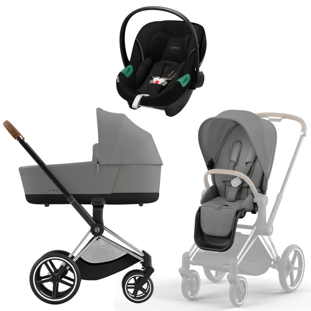 Коляска 3 в 1 Cybex Priam IV Chrome Brown Mirage Grey и автокресло Aton S2 i-Size (Moon Black)