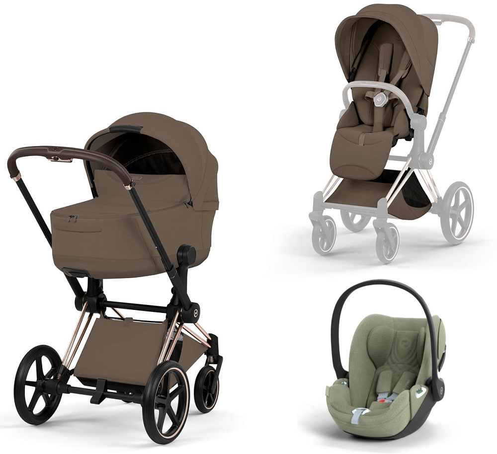 Коляска 3 в 1 Cybex Priam V Rosegold Style Collection Coconut Brown и автокресло Cloud T i-Size (Sage Green Plus)