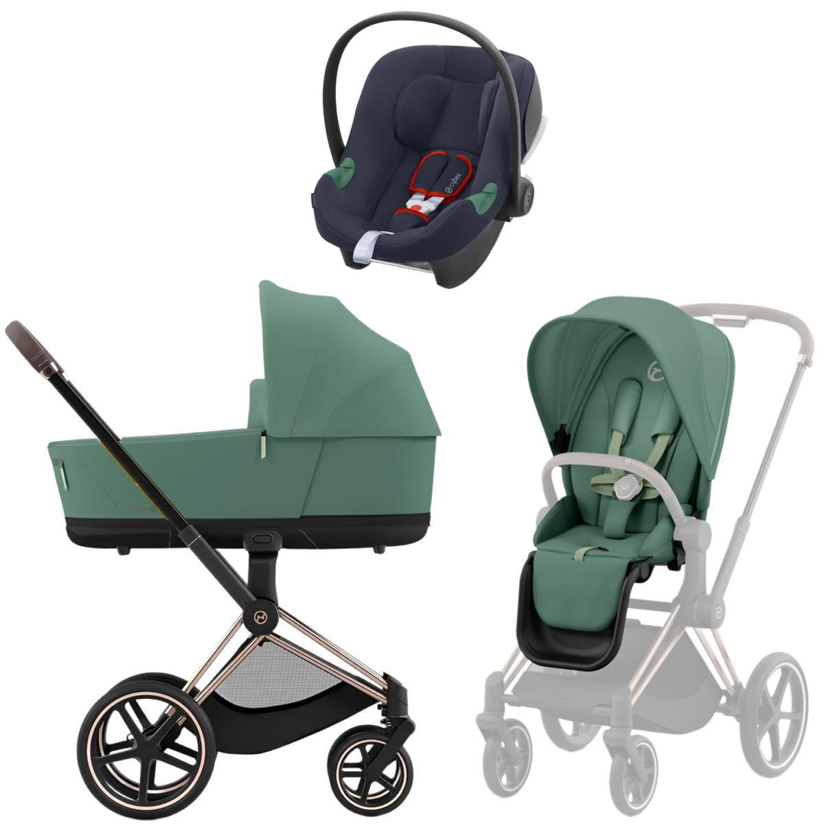 Коляска 3 в 1 Cybex Priam IV Rosegold Leaf Green и автокресло Aton B2 i-Size (Bay Blue)
