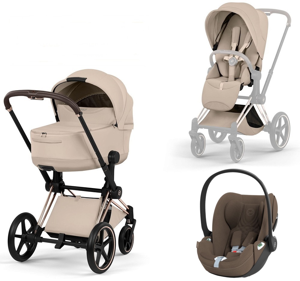 Коляска 3 в 1 Cybex Priam V Rosegold Style Collection Cozy Beige и автокресло Cloud T i-Size (Coconut Brown Plus)