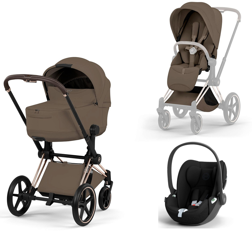 Коляска 3 в 1 Cybex Priam V Rosegold Style Collection Coconut Brown и автокресло Cloud T i-Size (Sepia Black)