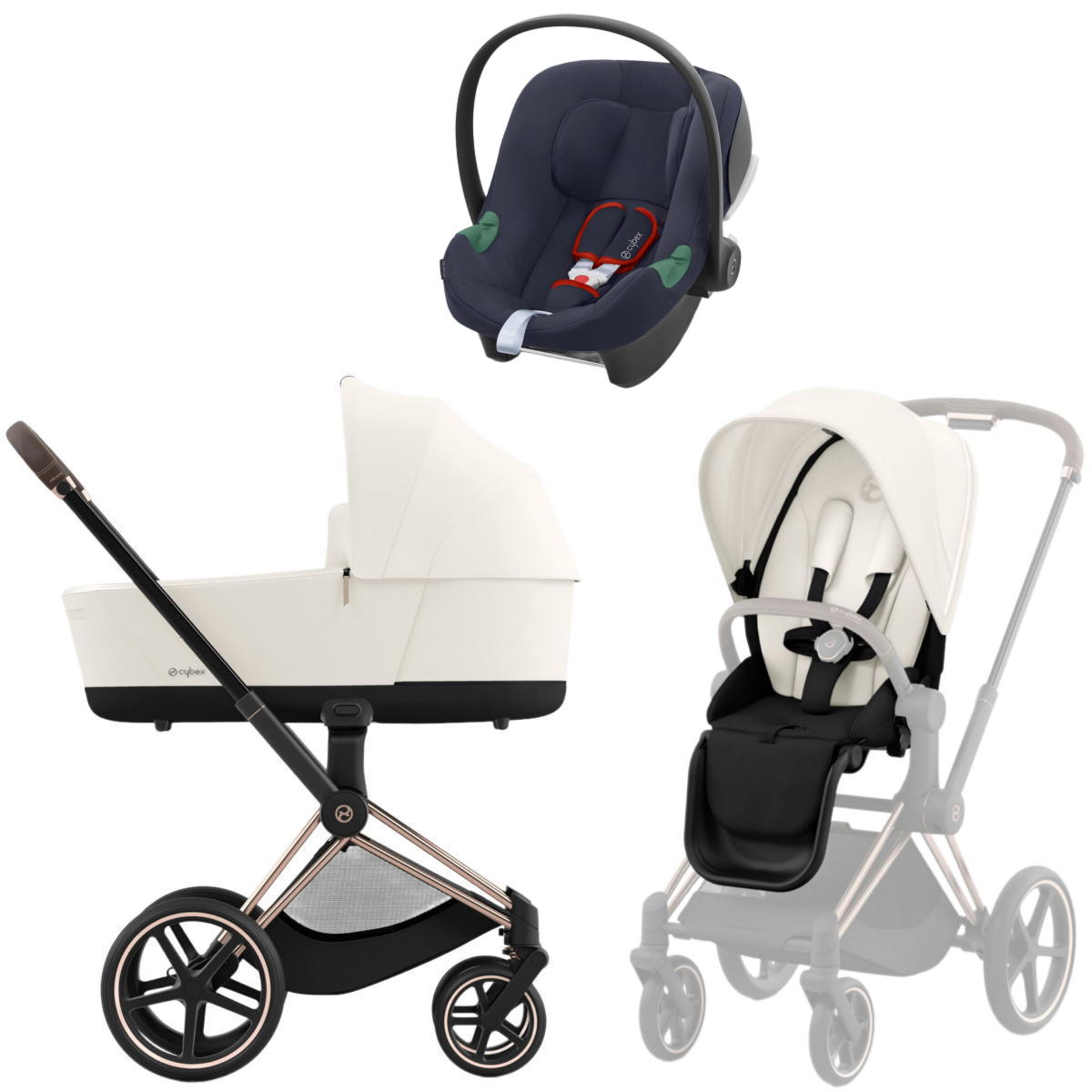 Коляска 3 в 1 Cybex Priam IV Rosegold Off White и автокресло Aton B2 i-Size (Bay Blue)
