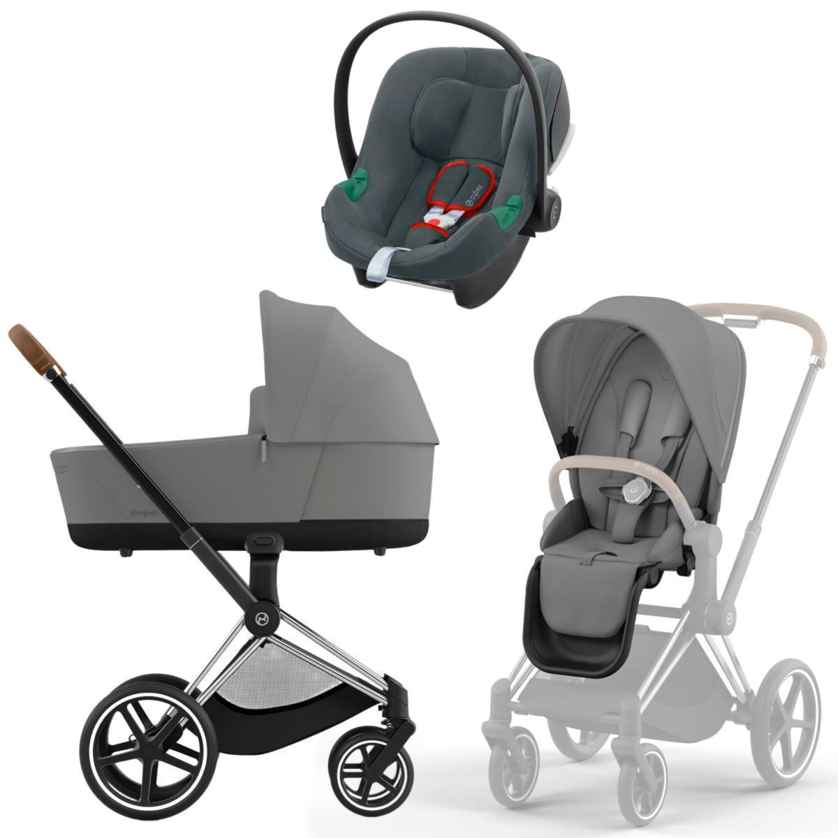 Коляска 3 в 1 Cybex Priam IV Chrome Brown Mirage Grey и автокресло Aton B2 i-Size  (Steel Grey)