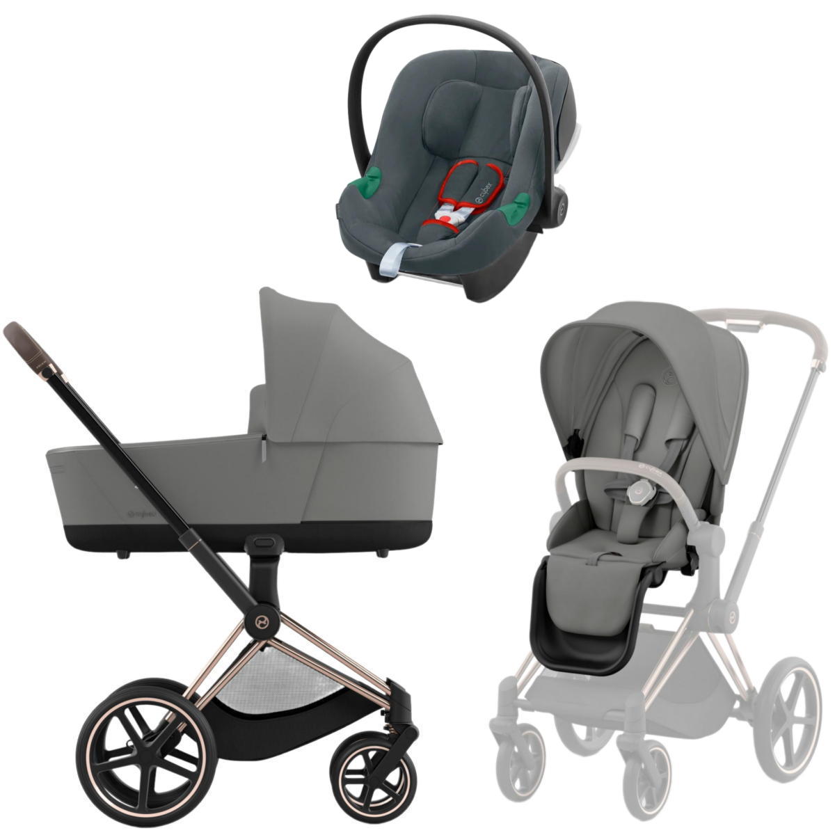 Коляска 3 в 1 Cybex Priam IV Rosegold Mirage Grey и автокресло Aton B2 i-Size (Steel Grey)
