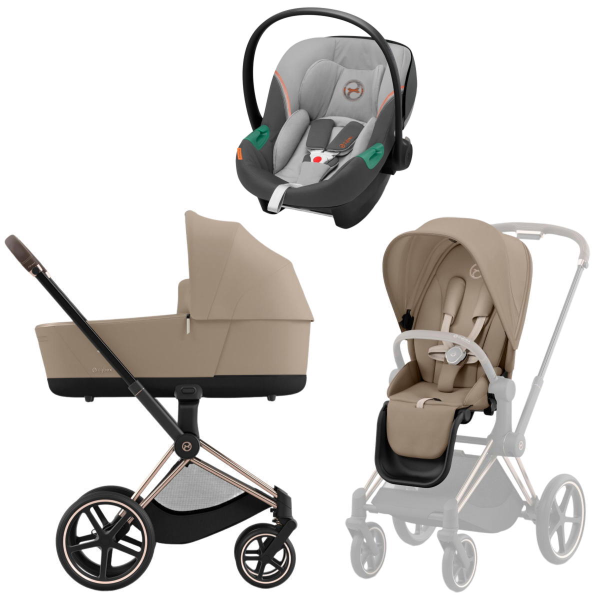Коляска 3 в 1 Cybex Priam IV Rosegold Cozy Beige и автокресло Aton S2 i-Size (Lava Grey)