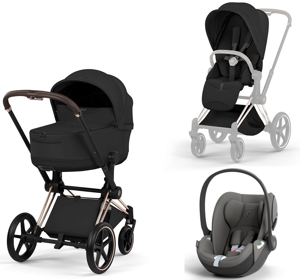 Коляска 3 в 1 Cybex Priam V Rosegold Style Collection Sepia Black и автокресло Cloud T i-Size (Mirage Grey)