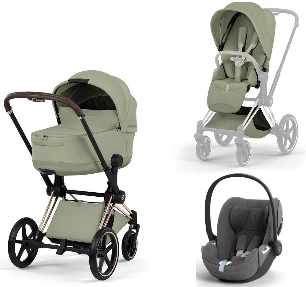 Коляска 3 в 1 Cybex Priam V Rosegold Style Collection Sage Green и автокресло Cloud T i-Size (Mirage Grey Plus)