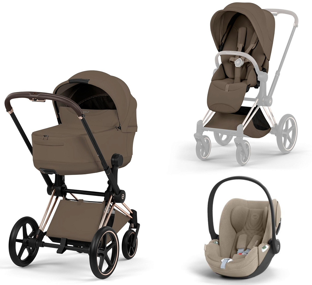 Коляска 3 в 1 Cybex Priam V Rosegold Style Collection Coconut Brown и автокресло Cloud T i-Size (Cozy Beige Plus)