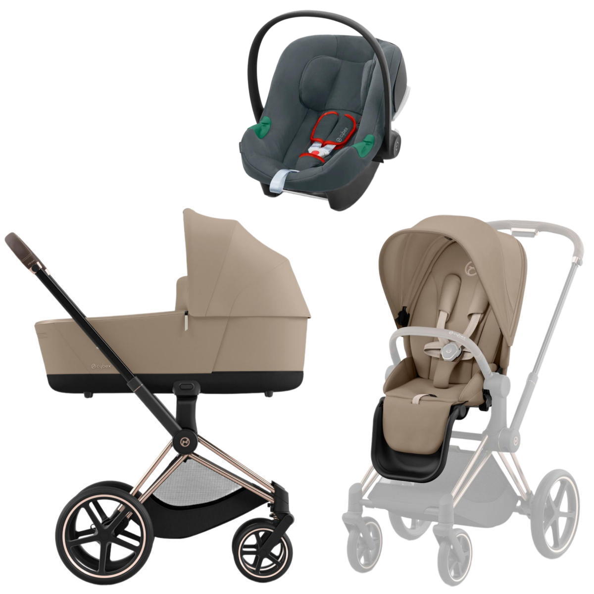 Коляска 3 в 1 Cybex Priam IV Rosegold Cozy Beige и автокресло Aton B2 i-Size (Steel Grey)