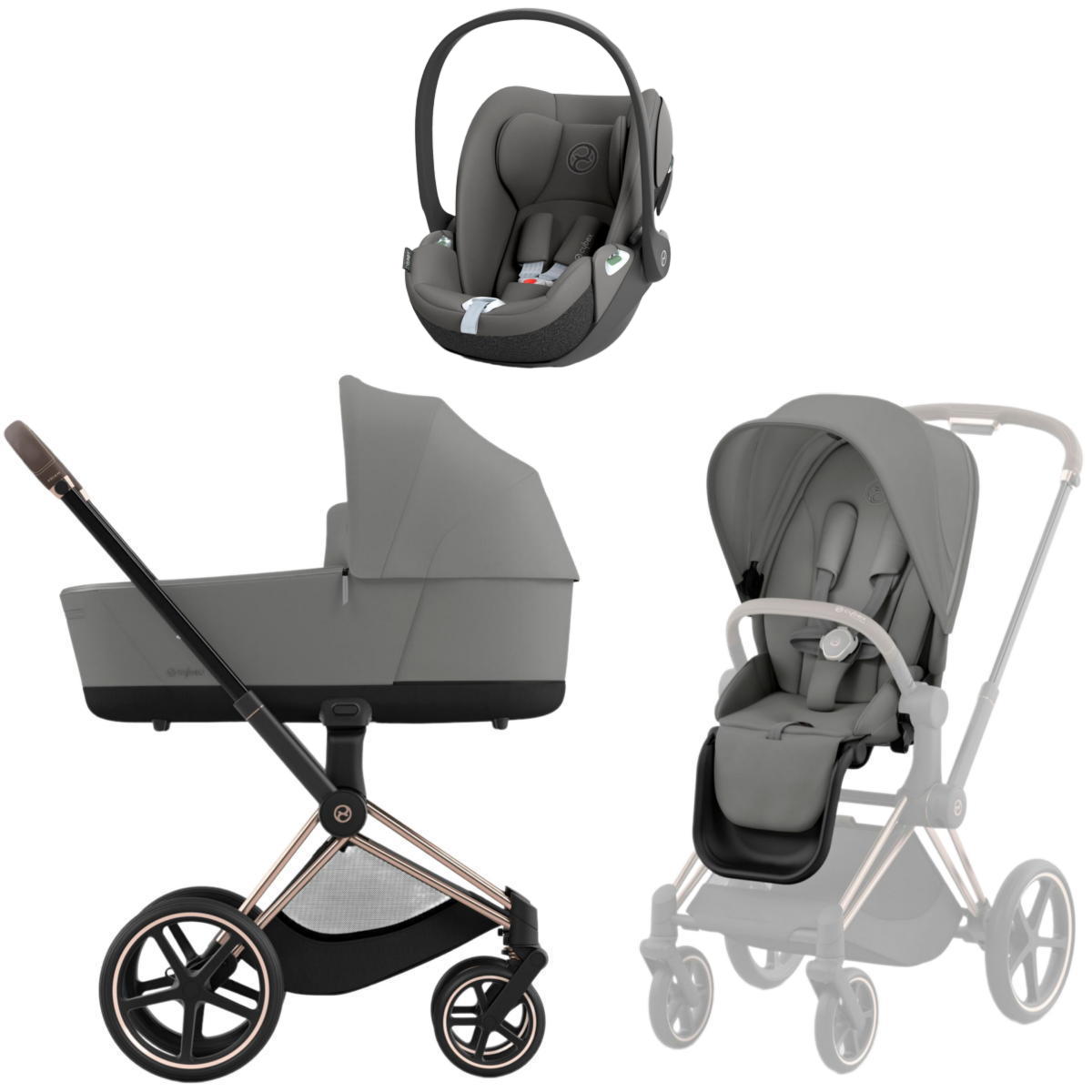 Коляска 3 в 1 Cybex Priam IV Rosegold Mirage Grey и автокресло Cloud T i-Size (Mirage Grey)