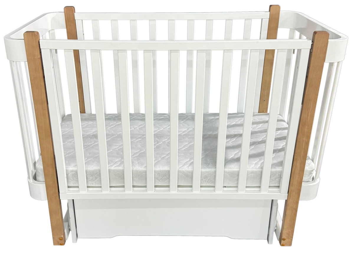 Детская кроватка КЕДР Florencia с ящиком поперечный маятник (Белый/Бук)