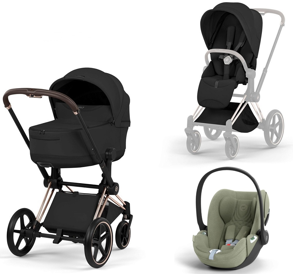 Коляска 3 в 1 Cybex Priam V Rosegold Style Collection Sepia Black и автокресло Cloud T i-Size (Sage Green Plus)