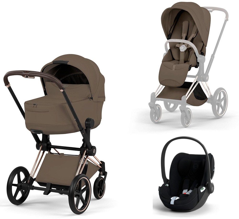 Коляска 3 в 1 Cybex Priam V Rosegold Style Collection Coconut Brown и автокресло Cloud T i-Size (Sepia Black Plus)