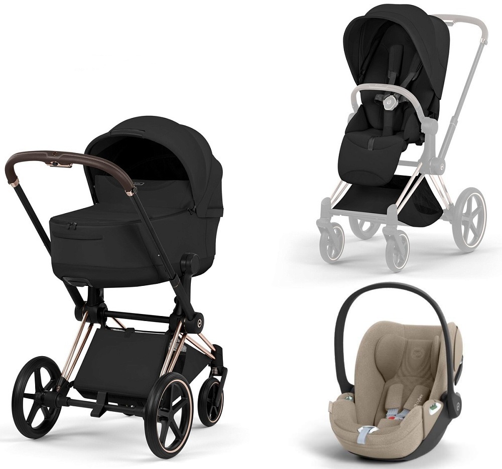 Коляска 3 в 1 Cybex Priam V Rosegold Style Collection Sepia Black и автокресло Cloud T i-Size (Cozy Beige Plus)