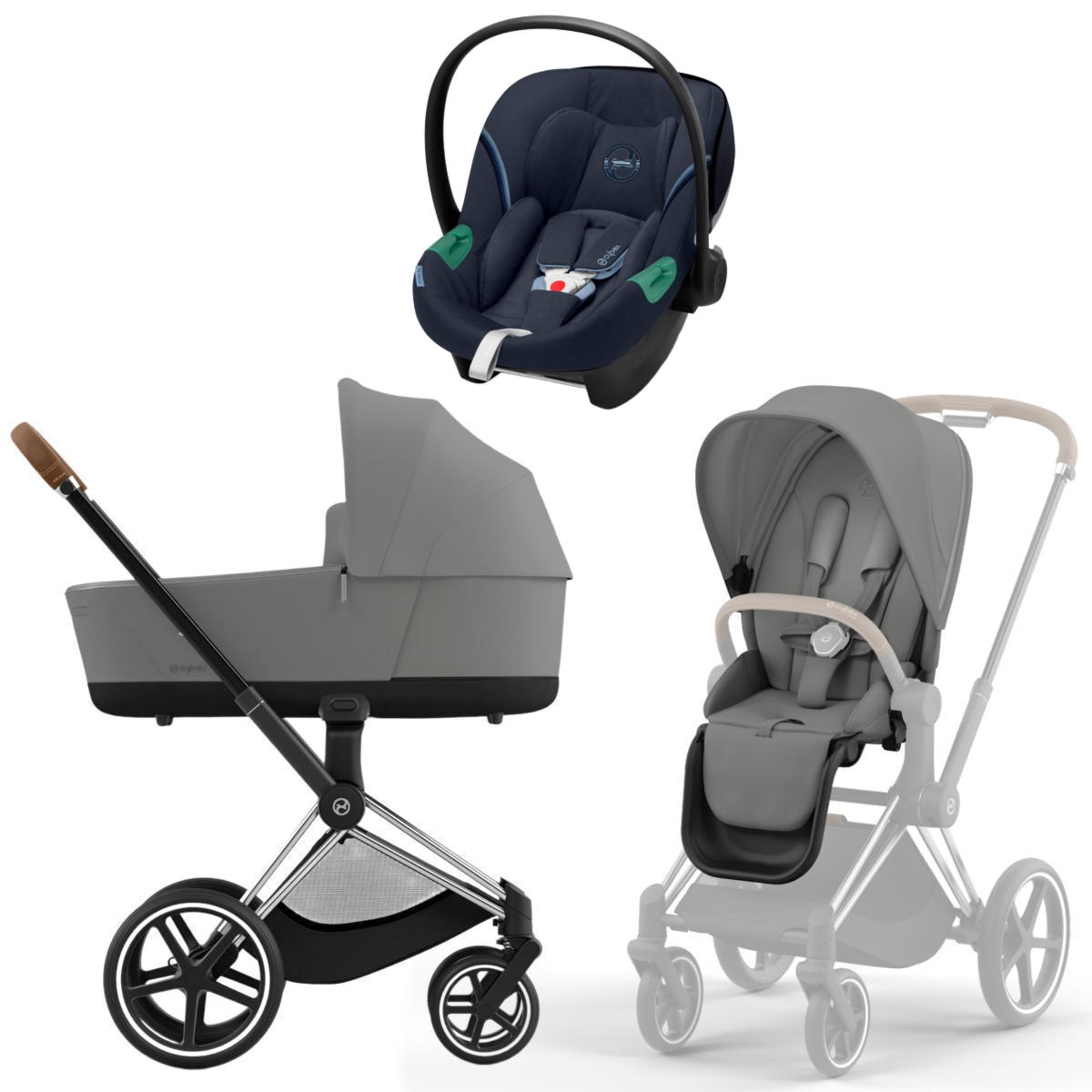 Коляска 3 в 1 Cybex Priam IV Chrome Brown Mirage Grey и автокресло Aton S2 i-Size (Ocean Blue)