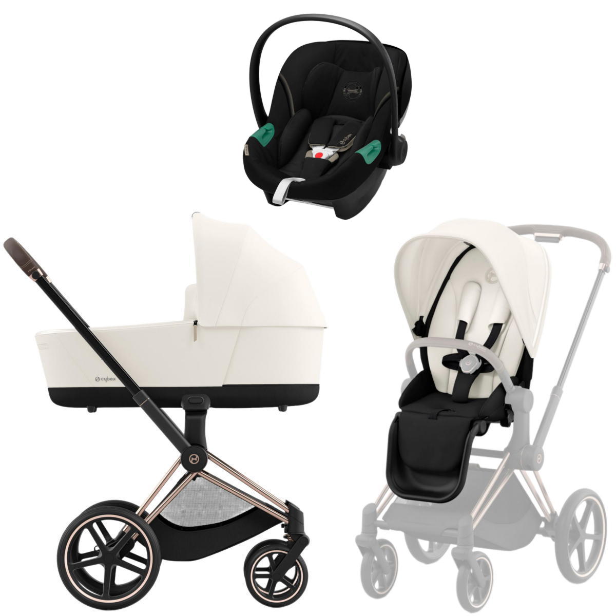 Коляска 3 в 1 Cybex Priam IV Rosegold Off White и автокресло Aton S2 i-Size (Moon Black)