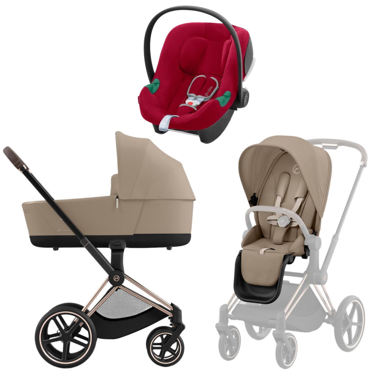 Коляска 3 в 1 Cybex Priam IV Rosegold Cozy Beige и автокресло Aton B2 i-Size (Dynamic Red)