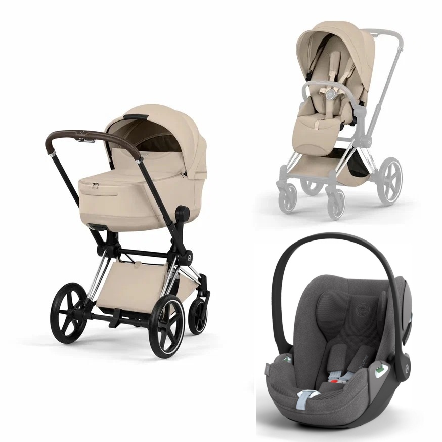 Коляска 3 в 1 Cybex Priam V Chrome Brown Style Collection Cozy Beige и автокресло Cloud T i-Size (Mirage Grey Plus)