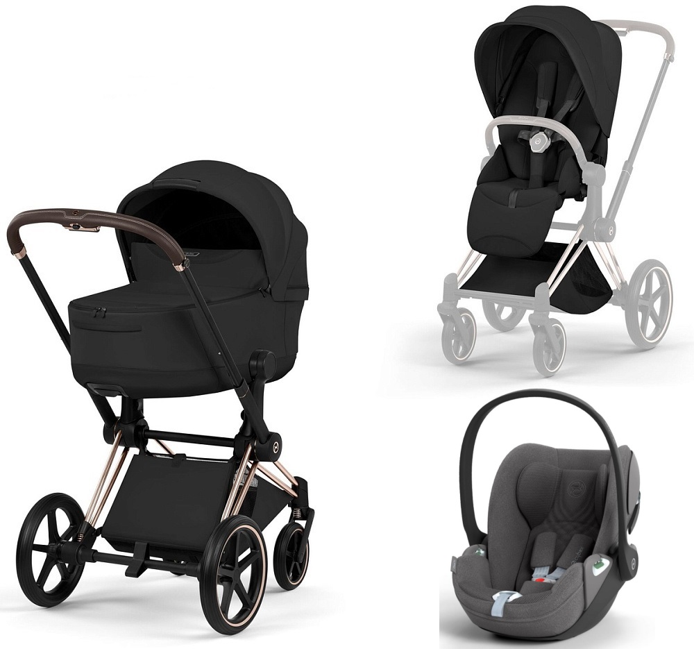 Коляска 3 в 1 Cybex Priam V Rosegold Style Collection Sepia Black и автокресло Cloud T i-Size (Mirage Grey Plus)