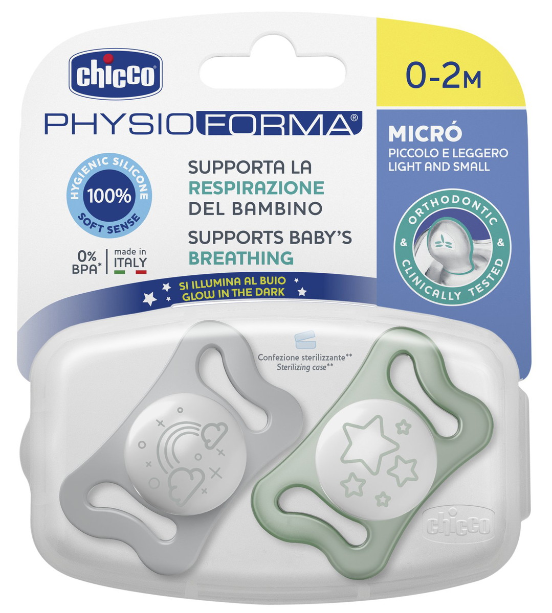 Пустышка Chicco PhysioForma Micro силиконовая 0-2 мес, 2 шт. Glow 6ni4z45sn2r7mx2vdd610rutfoc0q27s