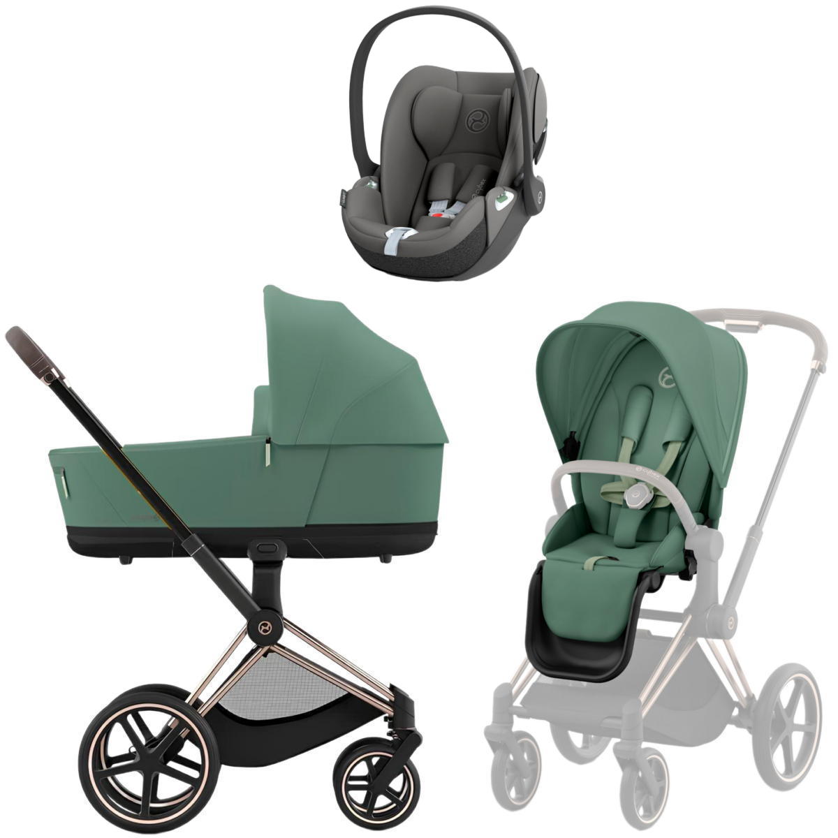 Коляска 3 в 1 Cybex Priam IV Rosegold Leaf Green и автокресло Cloud T i-Size (Mirage Grey)