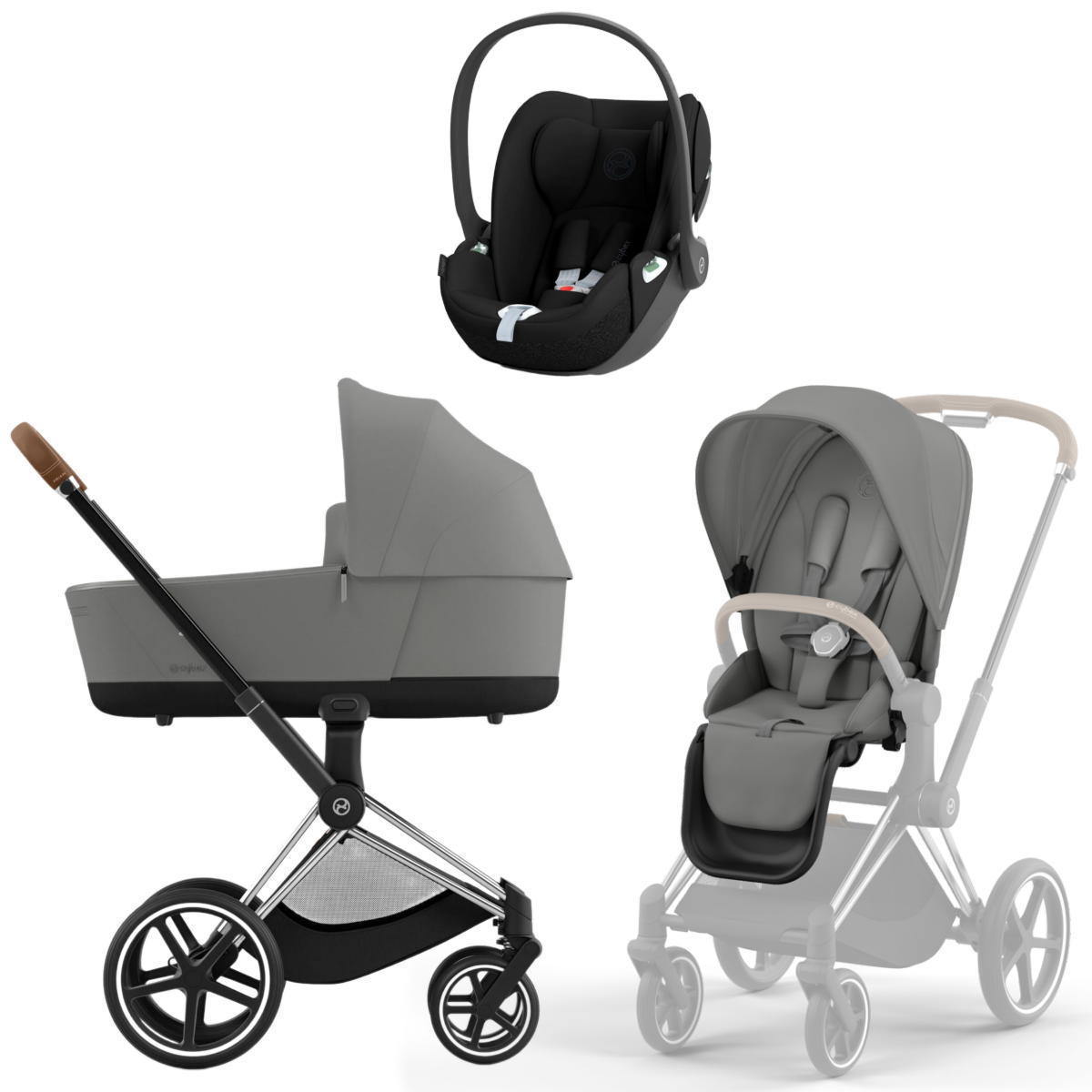 Коляска 3 в 1 Cybex Priam IV Chrome Brown Mirage Grey и автокресло Cloud T i-Size (Sepia Black)
