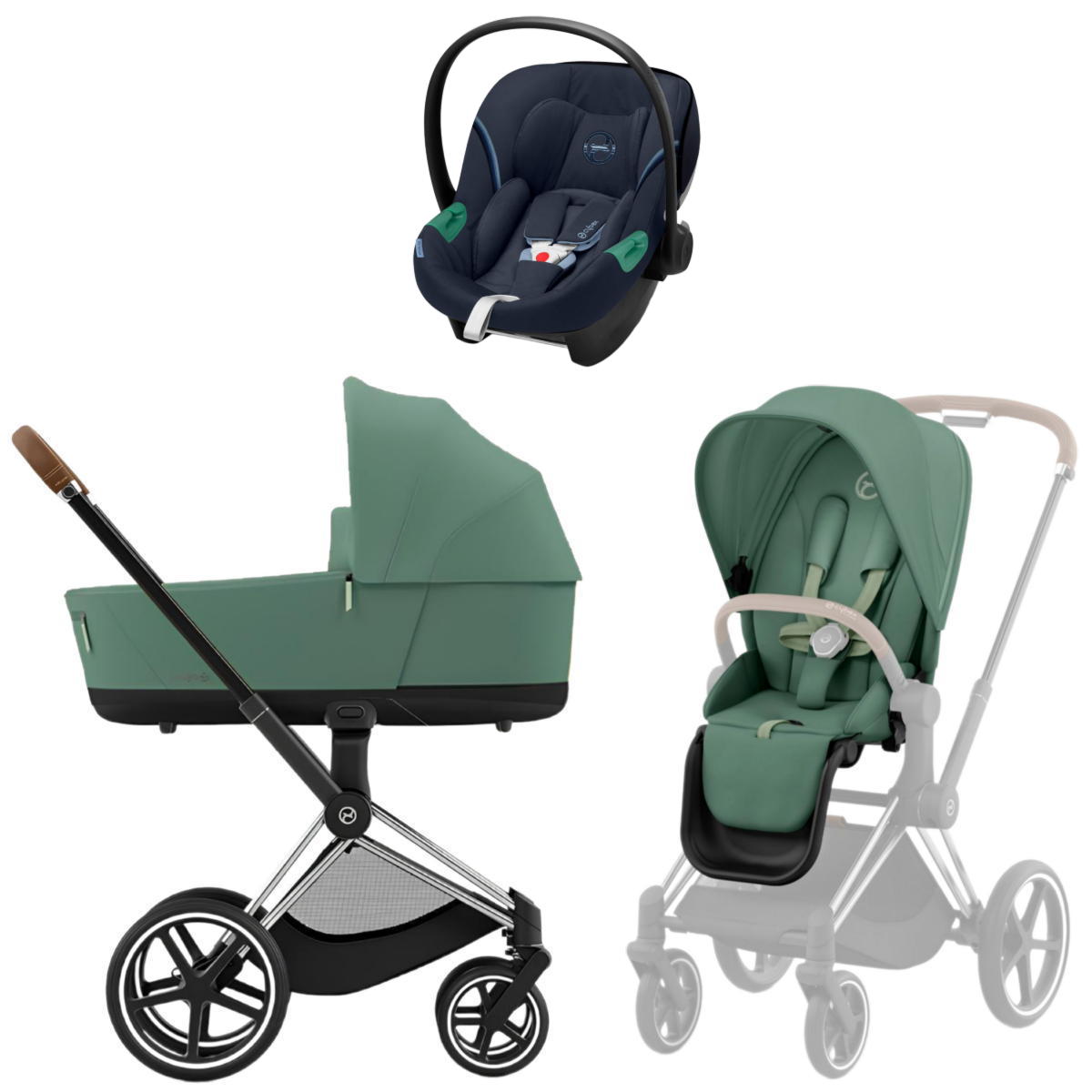 Коляска 3 в 1 Cybex Priam IV Chrome Brown Leaf Green и автокресло Aton S2 i-Size (Ocean Blue)
