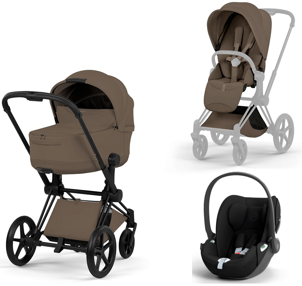 Коляска 3 в 1 Cybex Priam V Matt Black Style Collection Coconut Brown и автокресло Cloud T i-Size (Sepia Black)