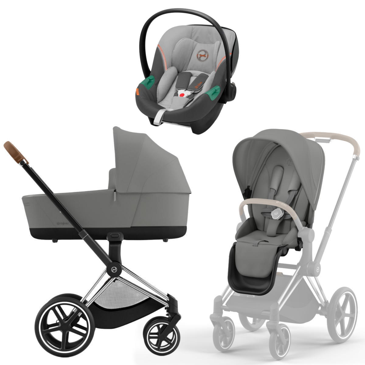 Коляска 3 в 1 Cybex Priam IV Chrome Brown Mirage Grey и автокресло Aton S2 i-Size (Lava Grey)
