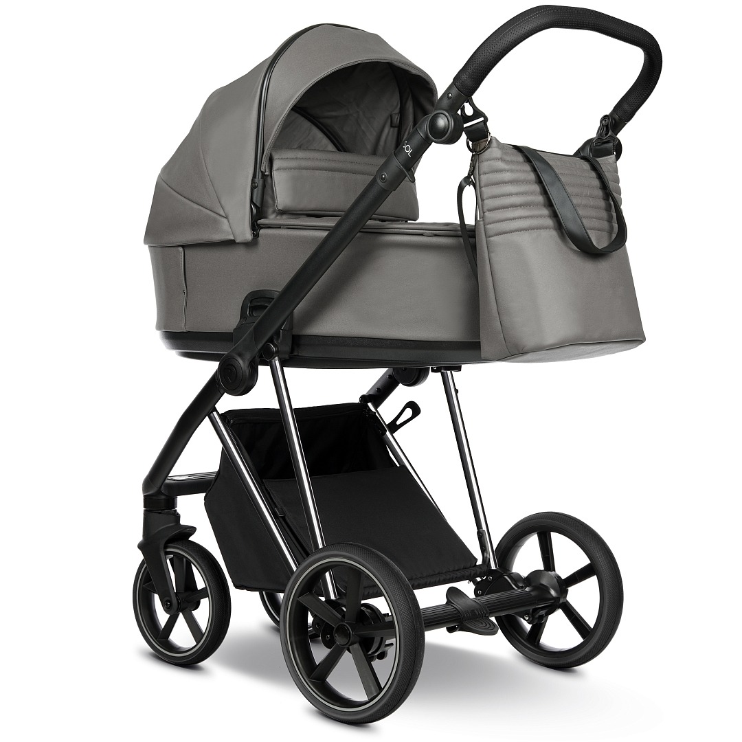 Коляска 2 в 1 Roan Sol Vintage Luxury Кожа (Glacier Gray/Nickel/руч.Black)