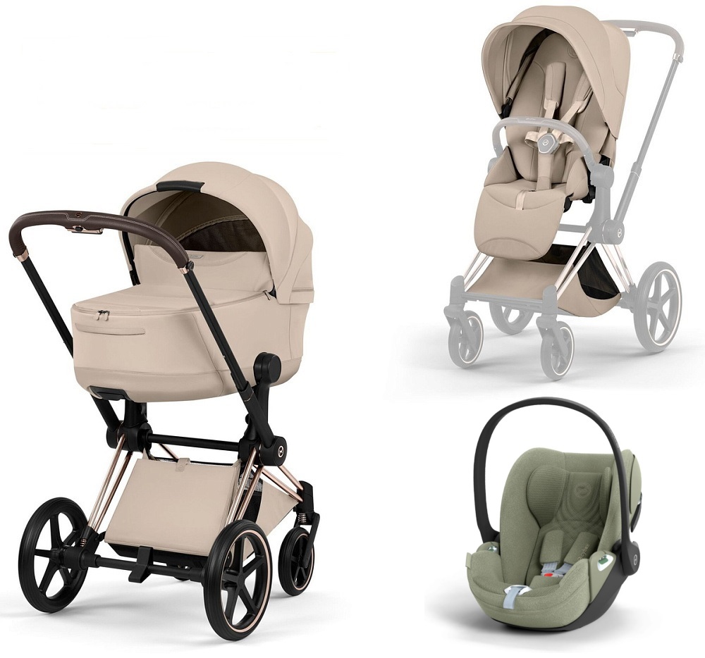 Коляска 3 в 1 Cybex Priam V Rosegold Style Collection Cozy Beige и автокресло Cloud T i-Size (Sage Green Plus)